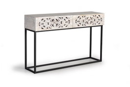 GINER Y COLOMER Console en Bois de Mango avec Patins Métal, Finition Blanc Vieilli et Noir - 120 cm de Large, 77 cm de Haut, 30 cm de Profondeur